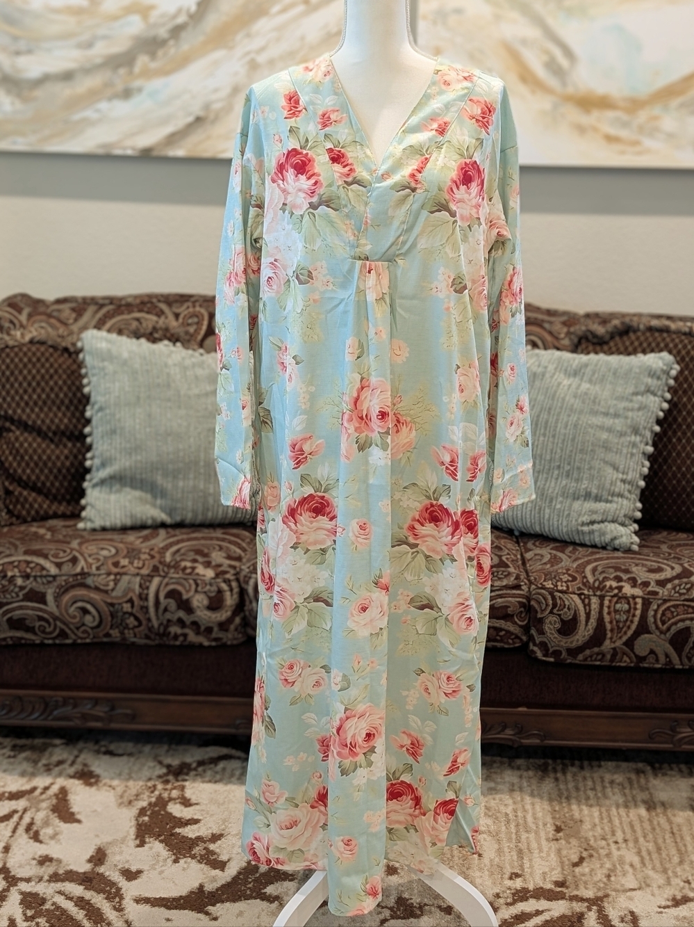 Floral V-Neck Dress - Mint with Pink Roses